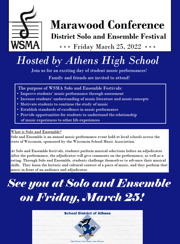 Solo and Ensemble is Friday, March 25.  Join us for an exciting day of student music performances!  Family and friends are welcome and encouraged to attend.